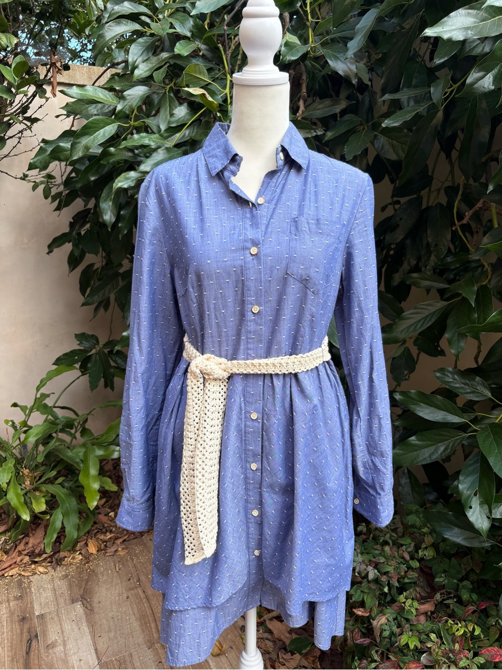 Isabel Sinclair (Anthro) Chambray Dot Long Sleeve Shirt Dress with Crochet Belt